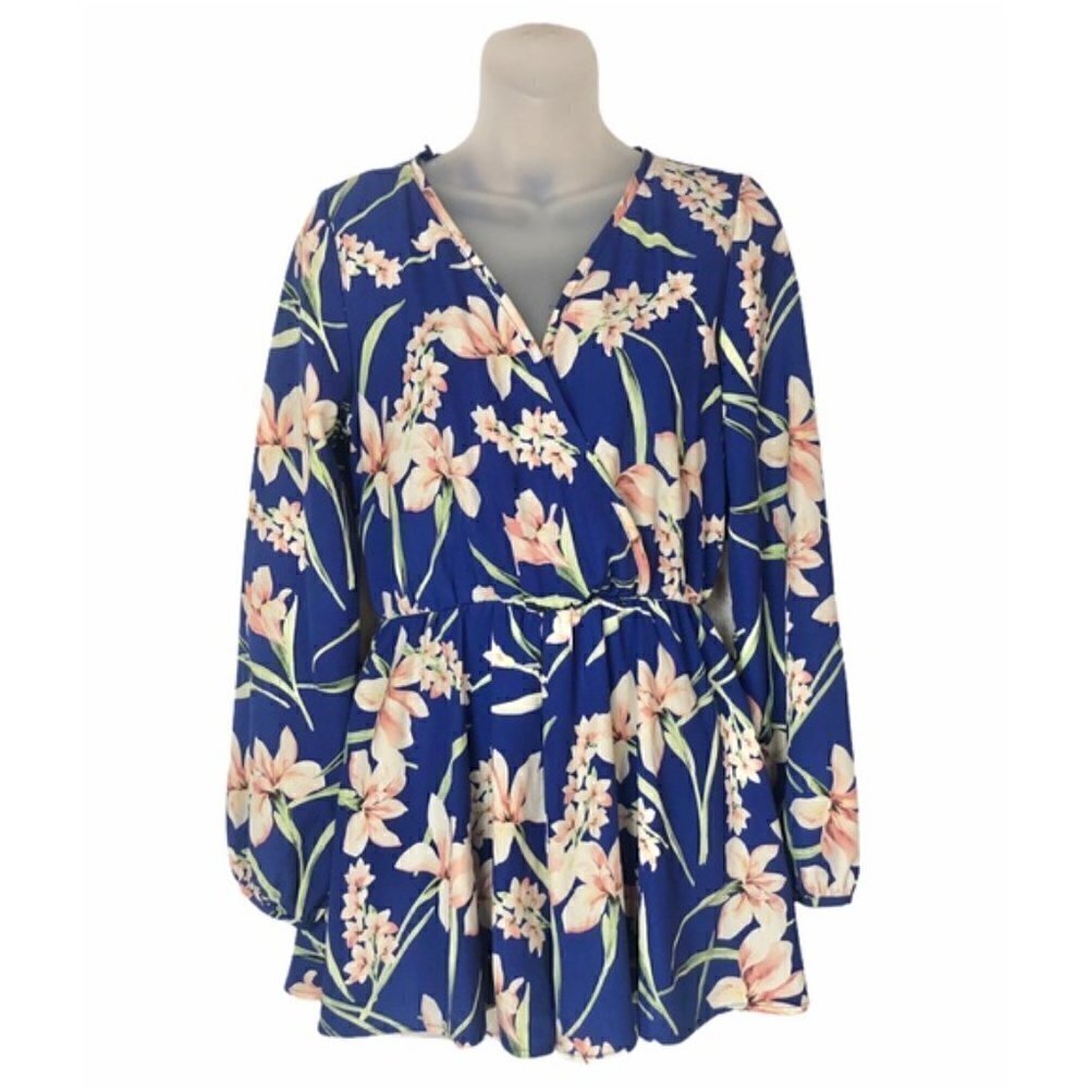 Peach Love Boutique Blue Floral Long Sleeve Wrap V-Neck Romper S